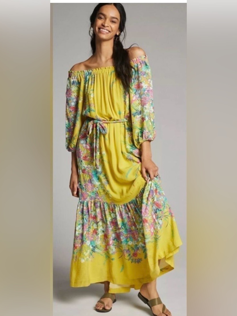 Anthropologie Yellow Floral Off-Shoulder Maxi Dress